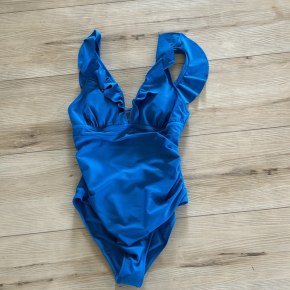 CUPSHE Women's Ruffled One Piece Swimsuit V Neck Lace Up, size L, Teal blue - Picture 3 of 8